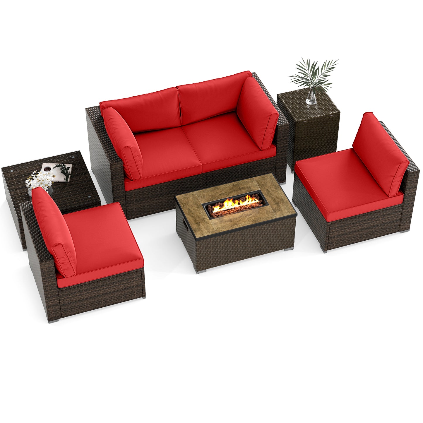 7 Pieces Outdoor Furniture Set with 32 Inch Fire Pit Table and Propane Tank Cover, Red Patio Furniture Sets at Gallery Canada