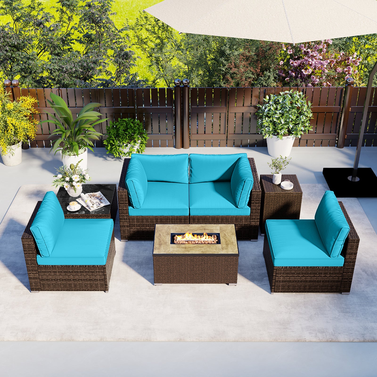 7 Pieces Outdoor Furniture Set with 32 Inch Fire Pit Table and Propane Tank Cover, Turquoise Patio Furniture Sets at Gallery Canada
