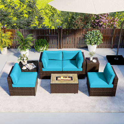 7 Pieces Outdoor Furniture Set with 32 Inch Fire Pit Table and Propane Tank Cover, Turquoise Patio Furniture Sets at Gallery Canada