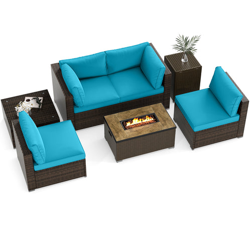 7 Pieces Outdoor Furniture Set with 32 Inch Fire Pit Table and Propane Tank Cover, Turquoise