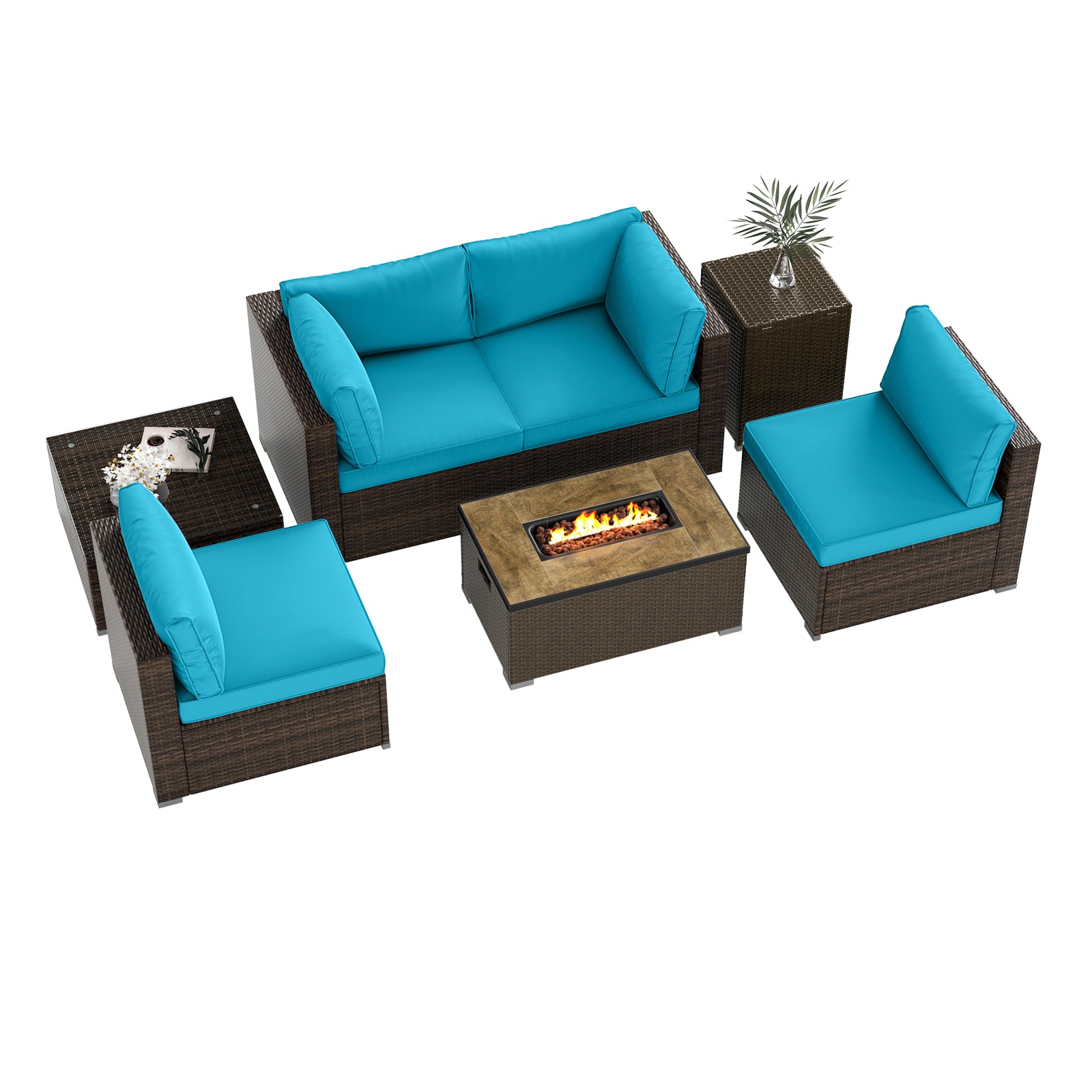 7 Pieces Outdoor Furniture Set with 32 Inch Fire Pit Table and Propane Tank Cover, Turquoise Patio Furniture Sets at Gallery Canada