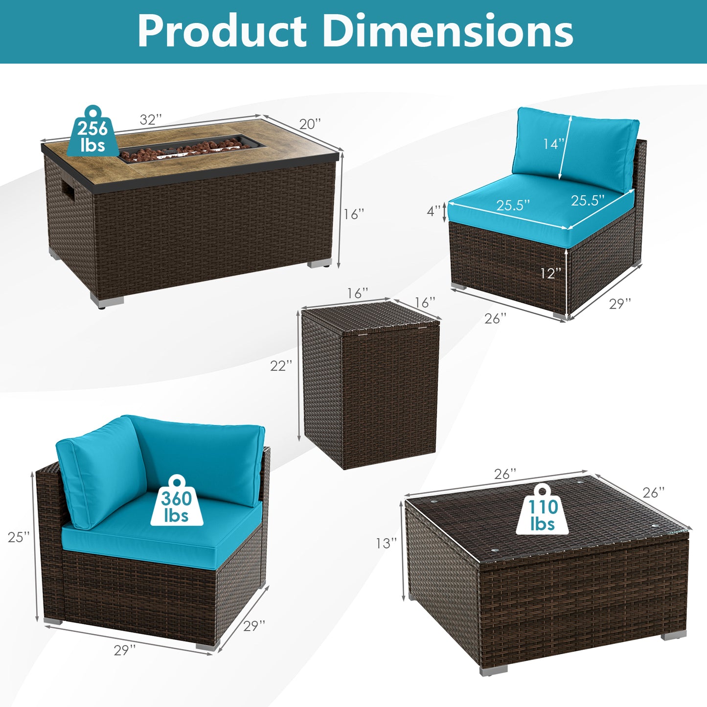 7 Pieces Outdoor Furniture Set with 32 Inch Fire Pit Table and Propane Tank Cover, Turquoise Patio Furniture Sets at Gallery Canada