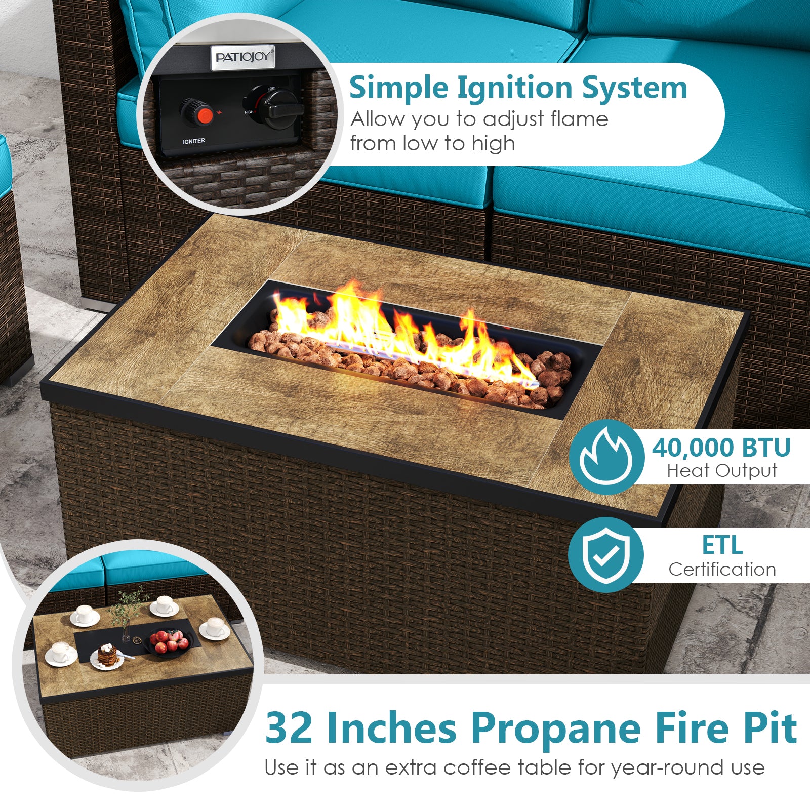7 Piece Outdoor Furniture Set, 32 Inch Fire Pit Table, Turquoise Patio Furniture Sets at Gallery Canada