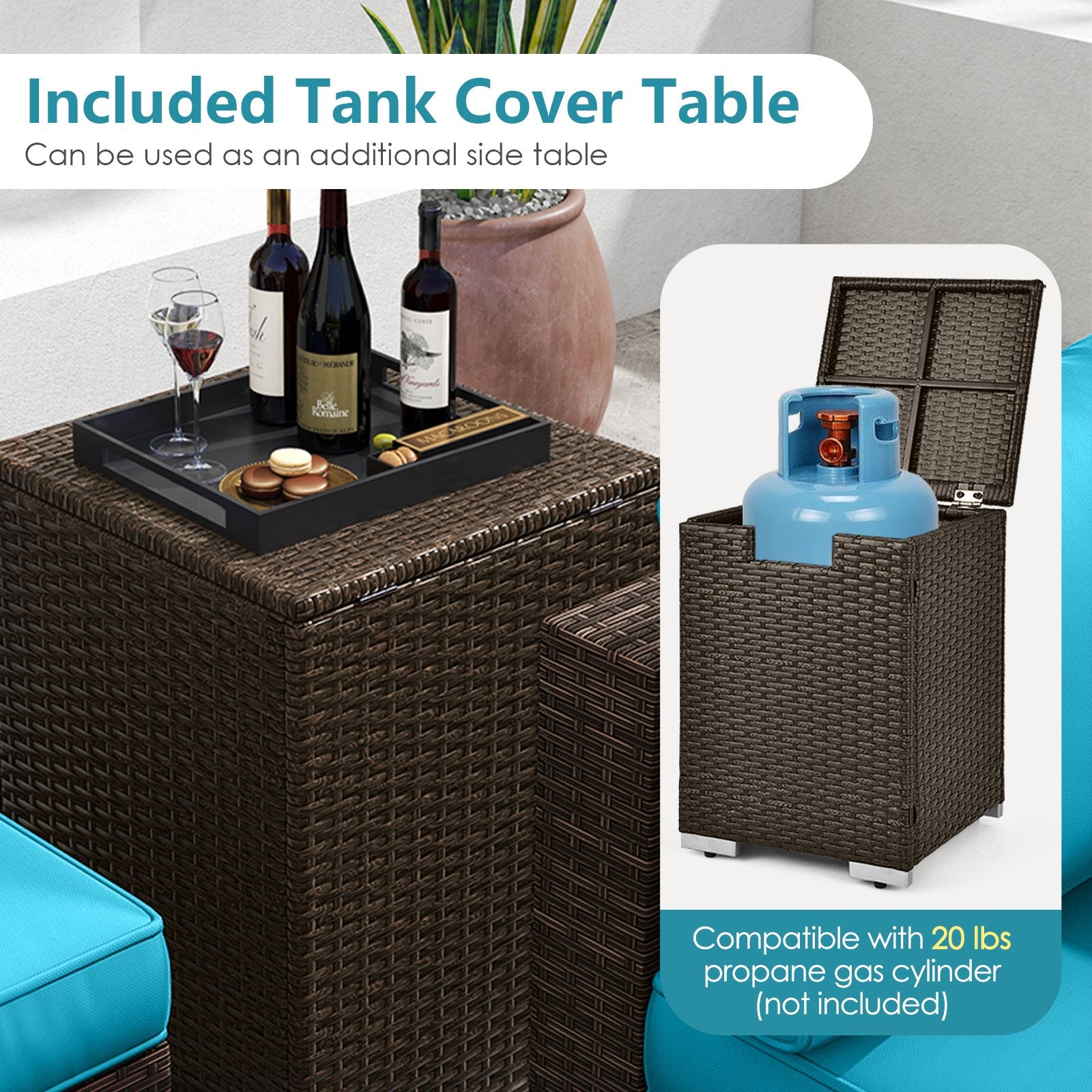 7 Pieces Outdoor Furniture Set with 32 Inch Fire Pit Table and Propane Tank Cover, Turquoise Patio Furniture Sets at Gallery Canada