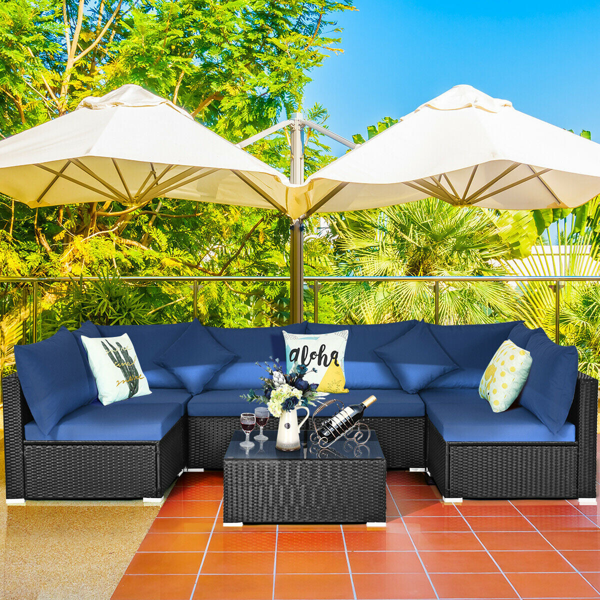 7 Piece Outdoor Wicker Patio Sofa Set, Navy Outdoor Sectionals at Gallery Canada