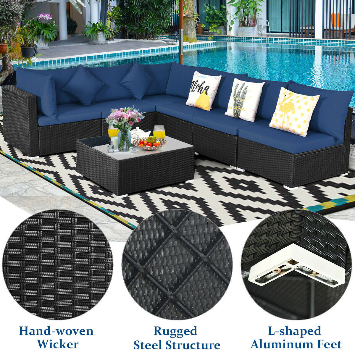 7 Piece Outdoor Wicker Patio Sofa Set, Navy Outdoor Sectionals at Gallery Canada