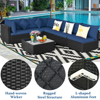 7 Piece Outdoor Wicker Patio Sofa Set, Navy Outdoor Sectionals at Gallery Canada