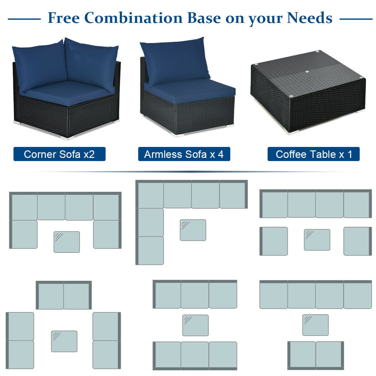7 Piece Outdoor Wicker Patio Sofa Set, Navy Outdoor Sectionals at Gallery Canada