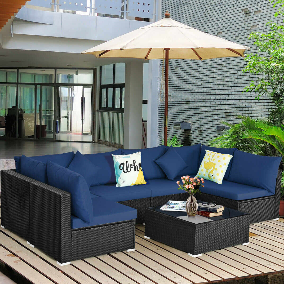 7 Piece Outdoor Wicker Patio Sofa Set, Navy Outdoor Sectionals at Gallery Canada
