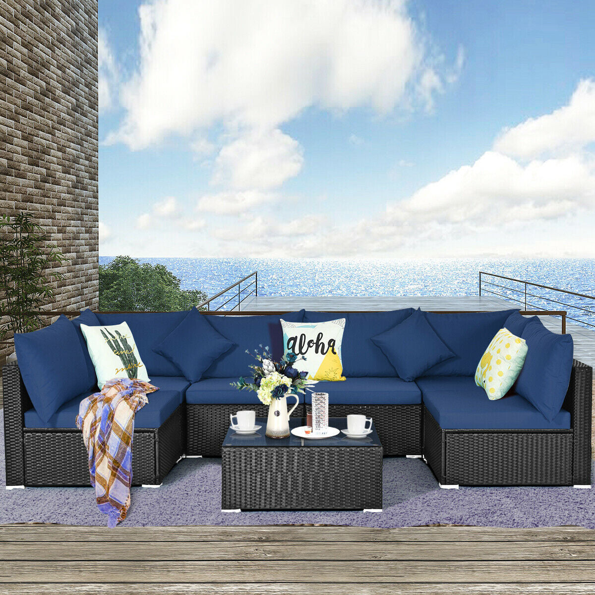 7 Piece Outdoor Wicker Patio Sofa Set, Navy Outdoor Sectionals at Gallery Canada