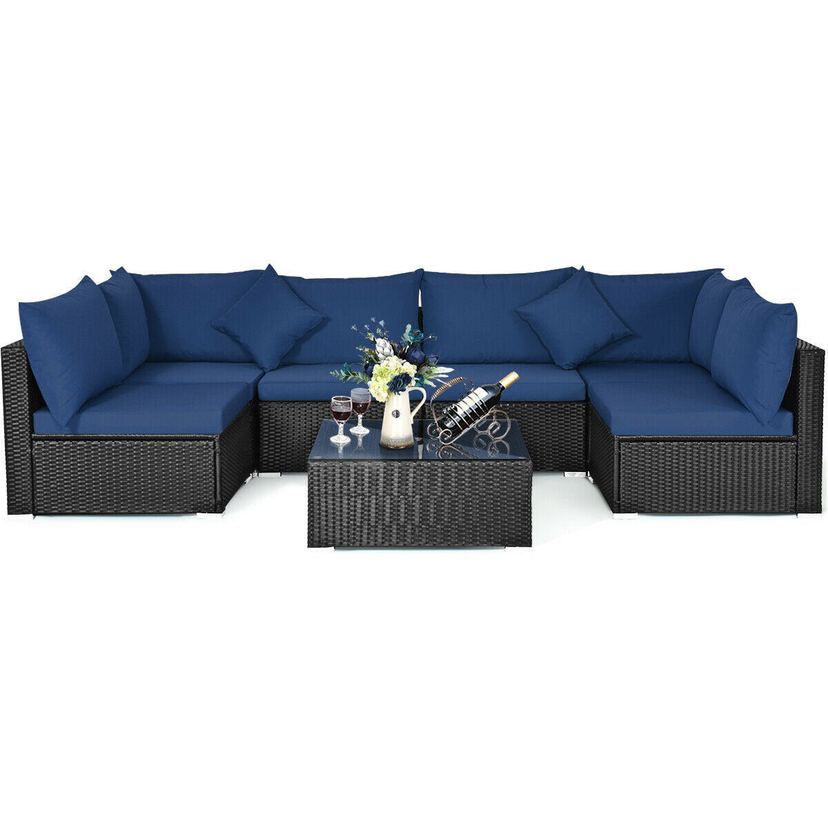 7 Piece Outdoor Wicker Patio Sofa Set, Navy Outdoor Sectionals at Gallery Canada