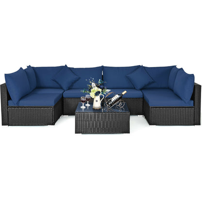 7 Piece Outdoor Wicker Patio Sofa Set, Navy Outdoor Sectionals at Gallery Canada