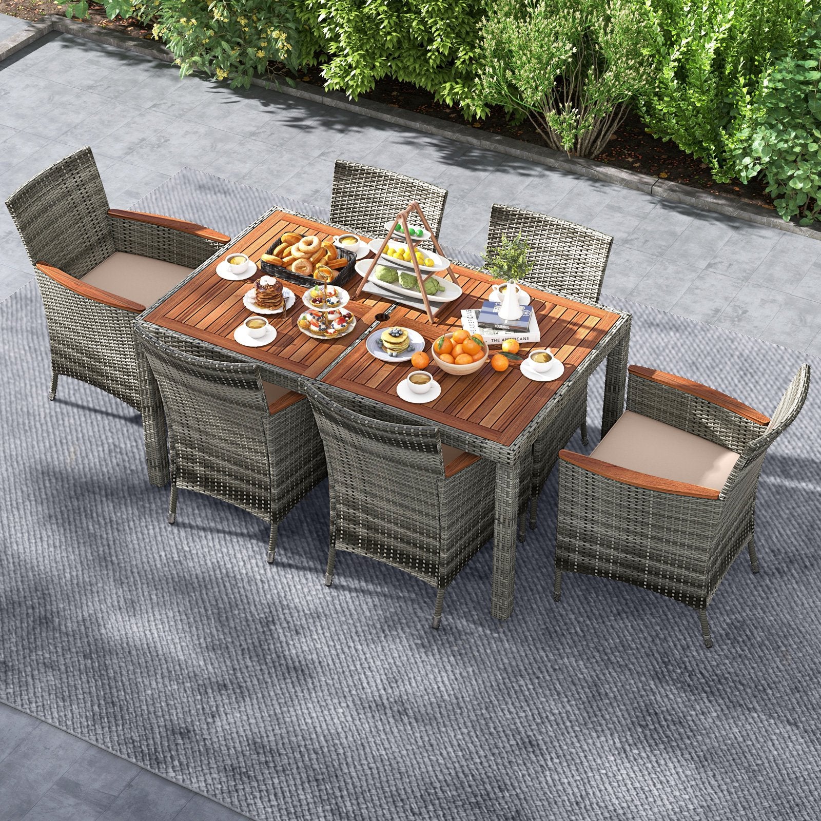 7 Pieces Patio Acacia Wood Cushioned PE Rattan Wicker Dining Set for Patio, Brown Patio Dining Sets at Gallery Canada