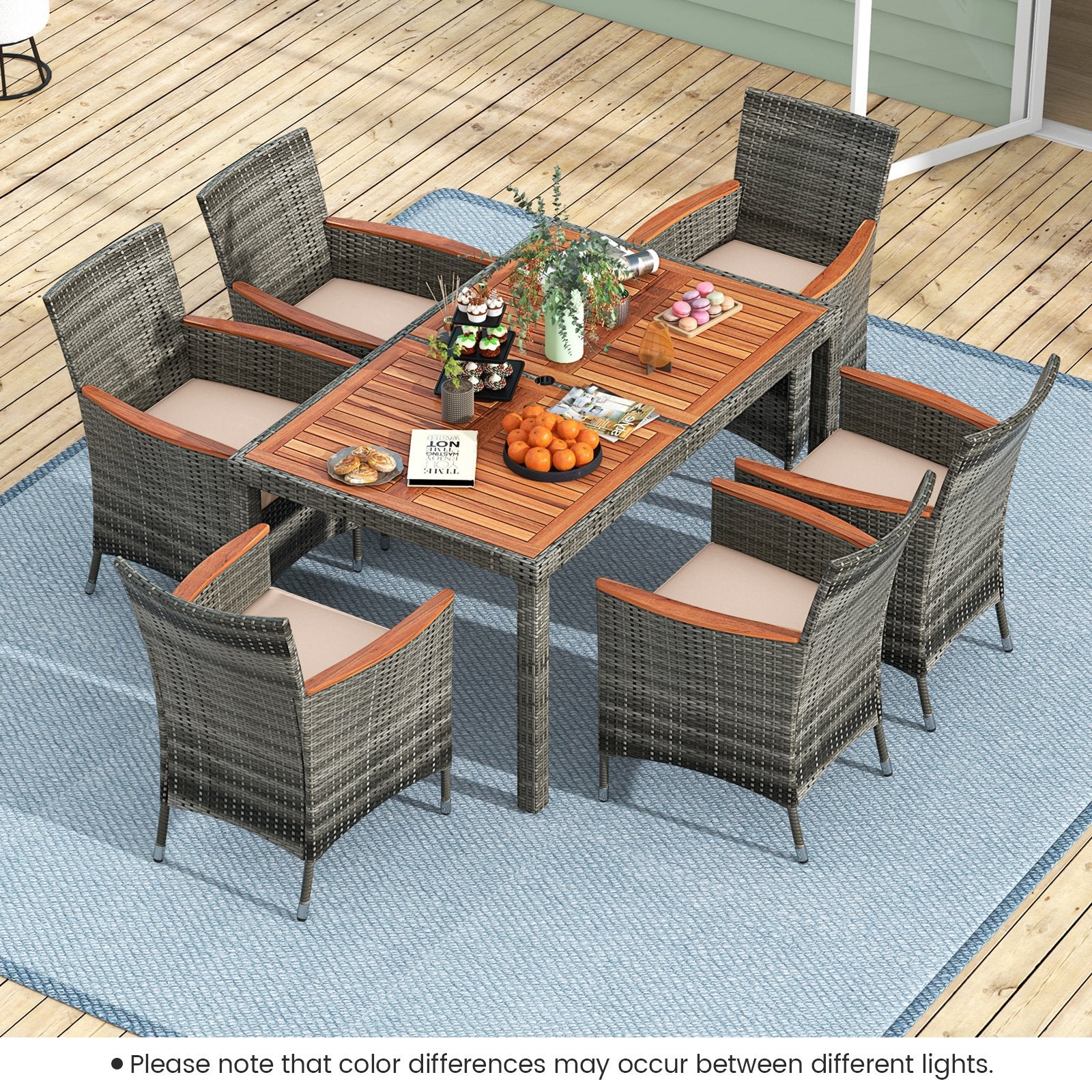 7 Pieces Patio Acacia Wood Cushioned PE Rattan Wicker Dining Set for Patio, Brown Patio Dining Sets at Gallery Canada
