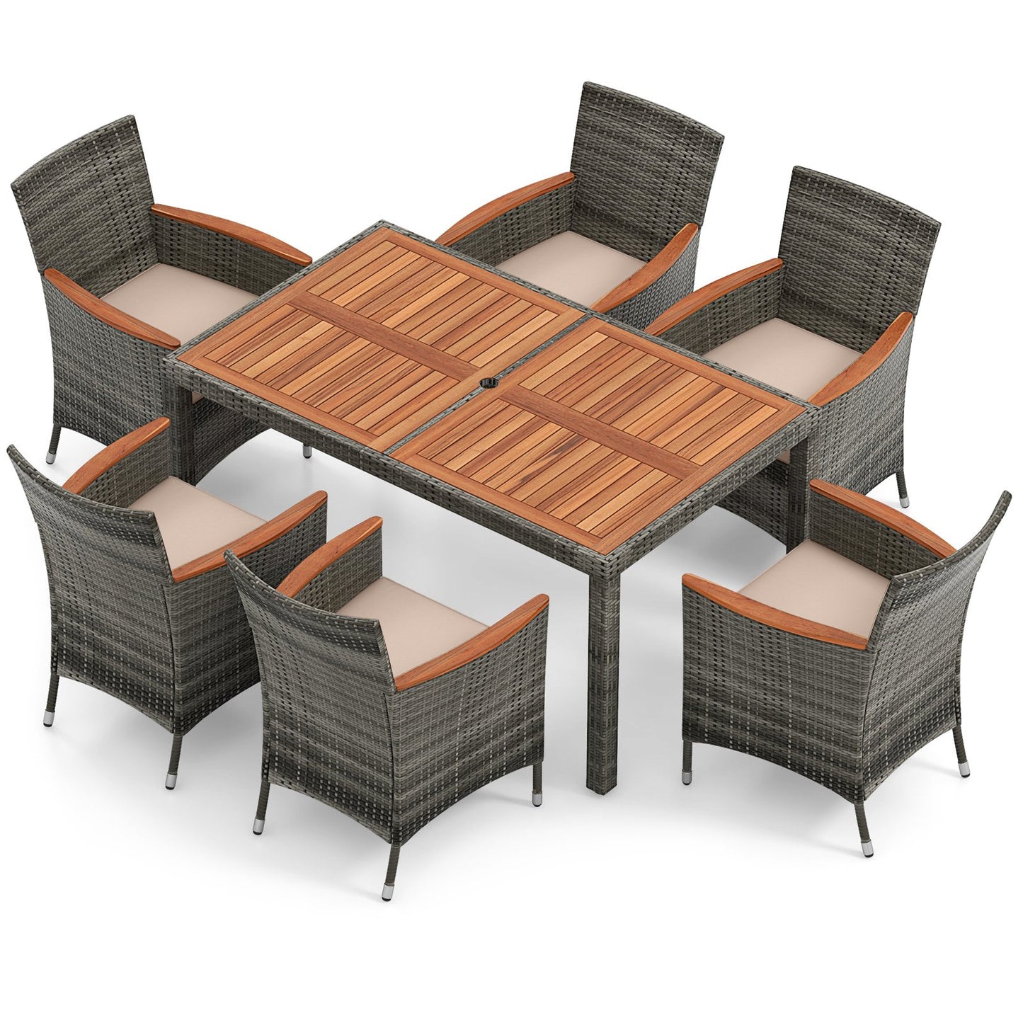 7 Pieces Patio Acacia Wood Cushioned PE Rattan Wicker Dining Set for Patio, Brown Patio Dining Sets Brown at Gallery Canada
