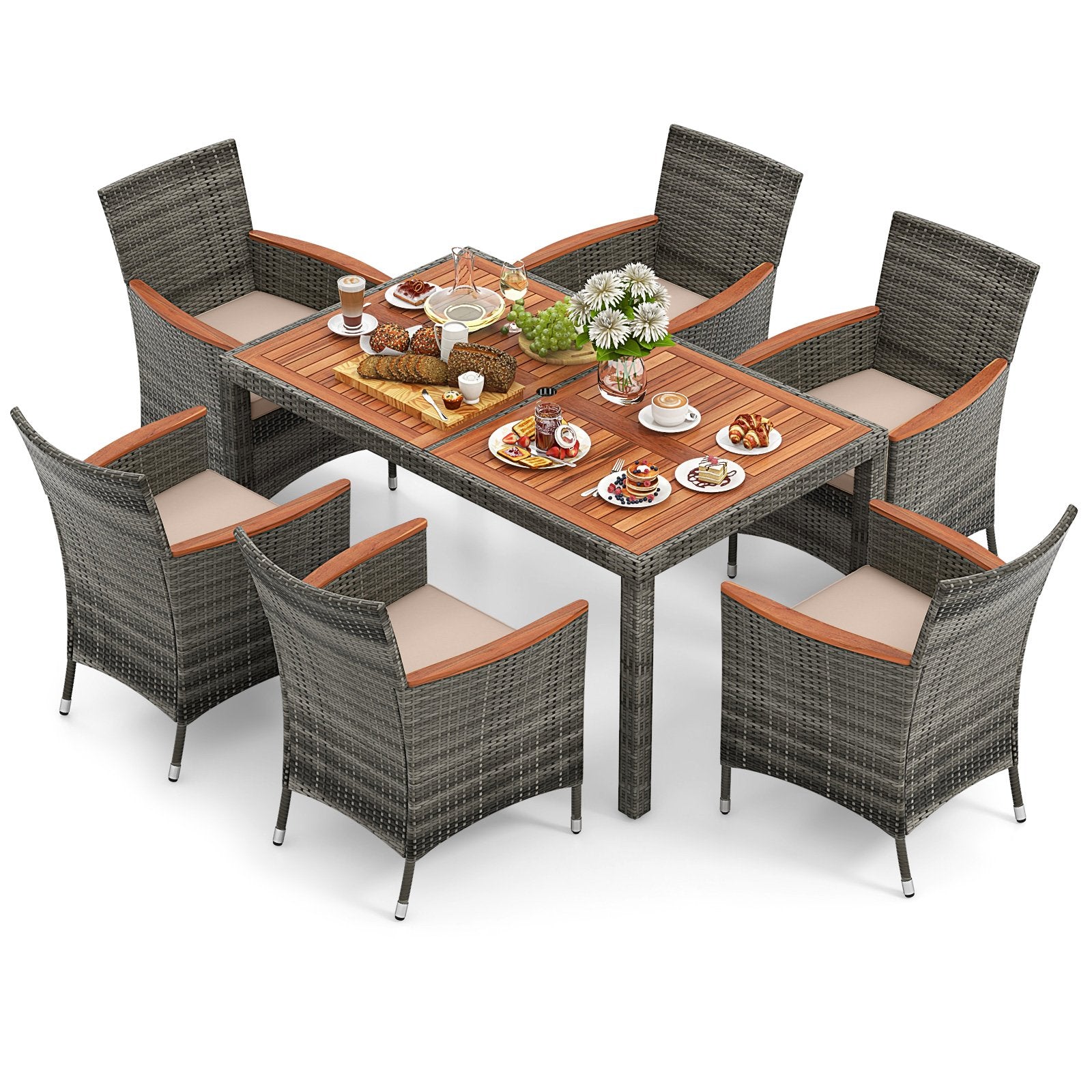 7 Pieces Patio Acacia Wood Cushioned PE Rattan Wicker Dining Set for Patio, Brown Patio Dining Sets at Gallery Canada