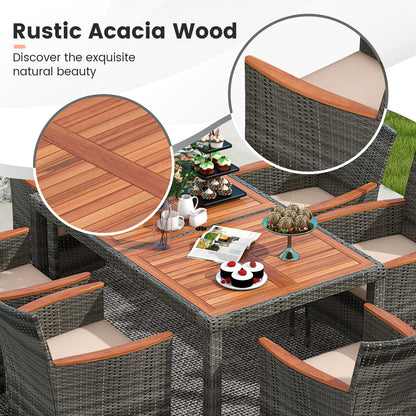 7 Pieces Patio Acacia Wood Cushioned PE Rattan Wicker Dining Set for Patio, Brown Patio Dining Sets at Gallery Canada
