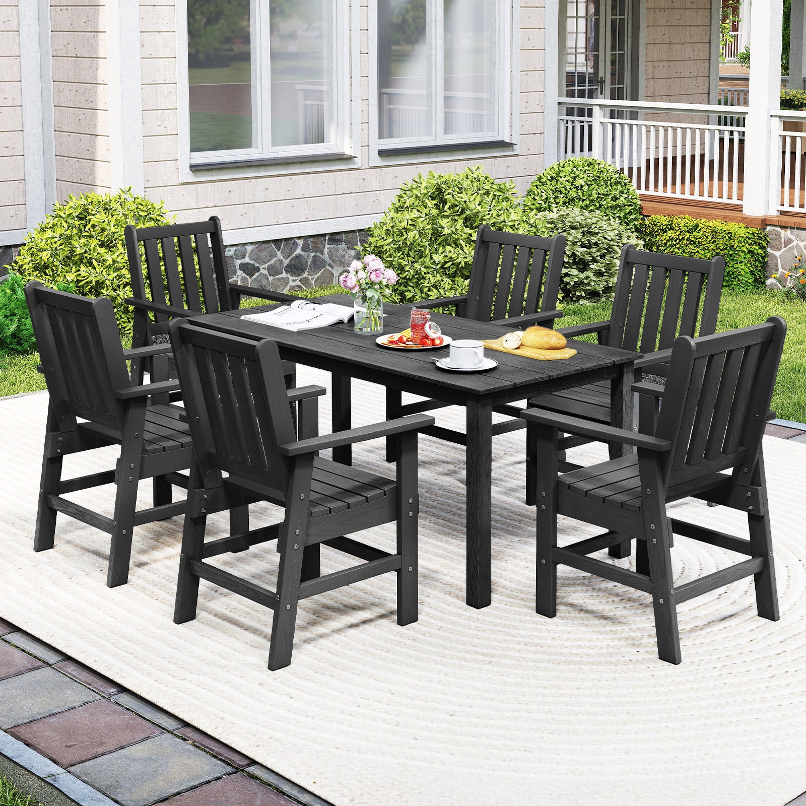 7 Pieces Patio Dining Set Outdoor HDPE Weather Resistant Table and Chairs Set, Black Patio Dining Sets at Gallery Canada