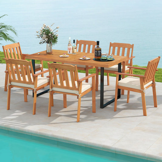 7 Pieces Patio Dining Table Set 63” Rectangle Table and 6 Acacia Wood Armchairs Patio Dining Sets Options at Gallery Canada