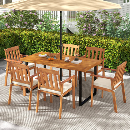 7 Pieces Patio Dining Table Set 63” Rectangle Table and 6 Acacia Wood Armchairs Patio Dining Sets at Gallery Canada