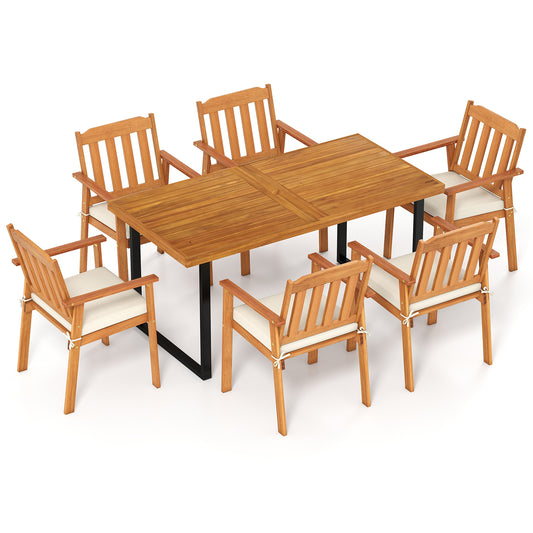 7 Piece Patio Dining Set, 63” Rectangle Table, 6 Acacia Wood Armchairs Patio Dining Sets Options at Gallery Canada