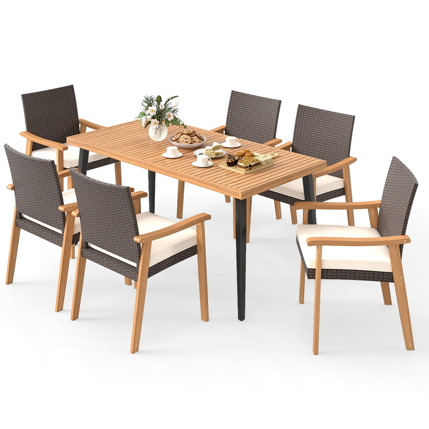 7-Pieces Patio Dining Table Set Acacia Wood Table and 6 Armchairs Patio Dining Sets at Gallery Canada