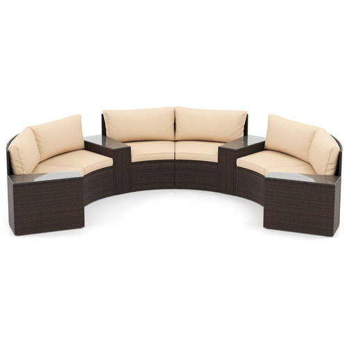 7 Pieces Patio Furniture Set PE Rattan Half-Moon Curved Sofas with Side Tables-brown, Brown