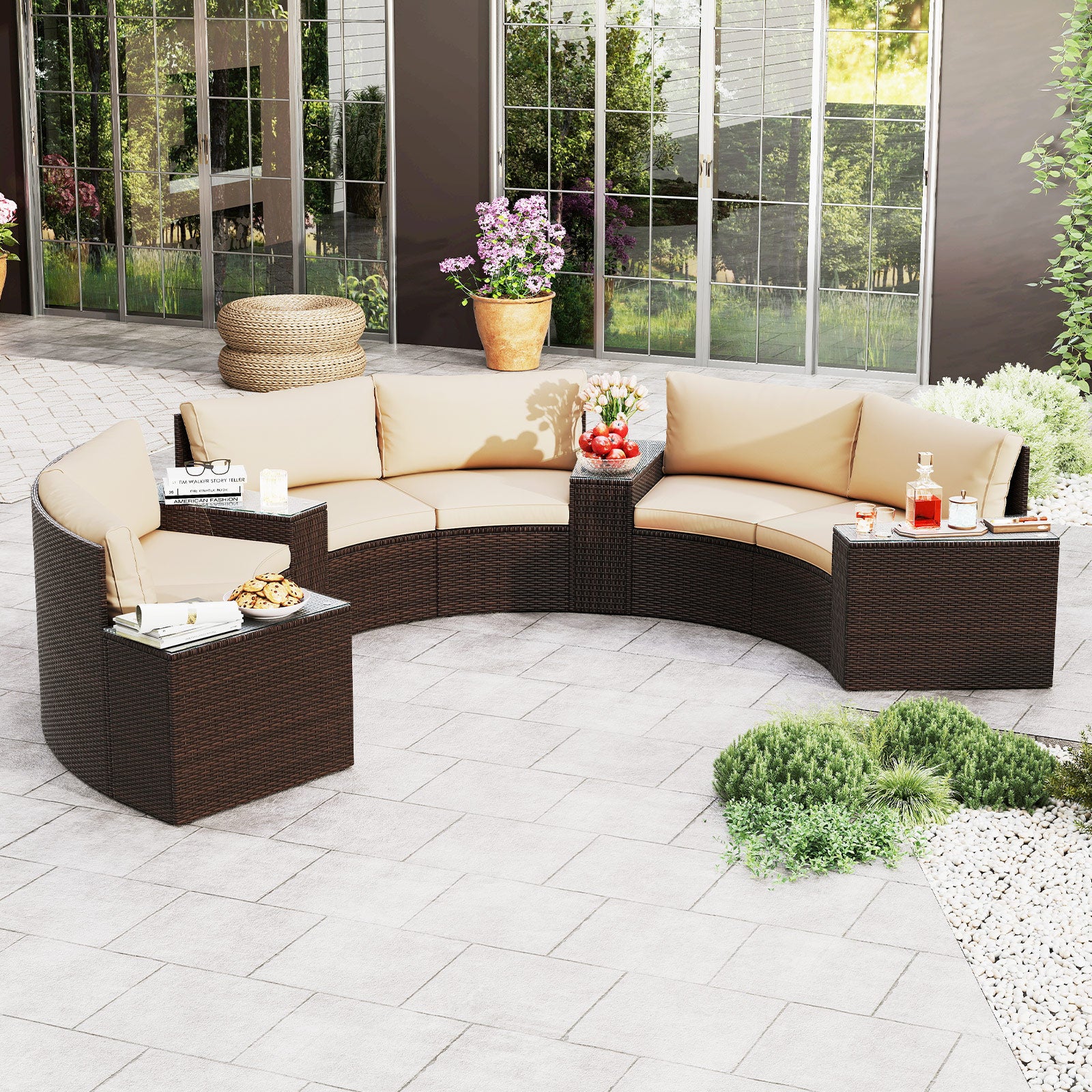 7 Pieces Patio Furniture Set PE Rattan Half-Moon Curved Sofas with Side Tables-brown, Brown Patio Furniture Sets at Gallery Canada