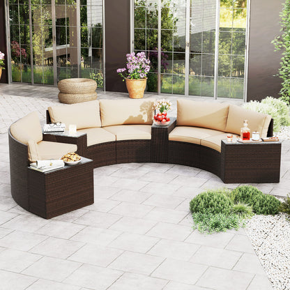 7 Pieces Patio Furniture Set PE Rattan Half-Moon Curved Sofas with Side Tables-brown, Brown Patio Furniture Sets at Gallery Canada