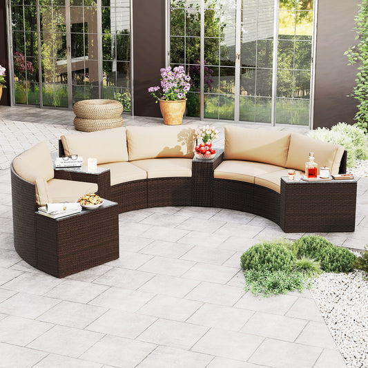 7 Pieces Patio Furniture Set PE Rattan Half-Moon Curved Sofas with Side Tables-brown, Brown Patio Furniture Sets Brown at Gallery Canada