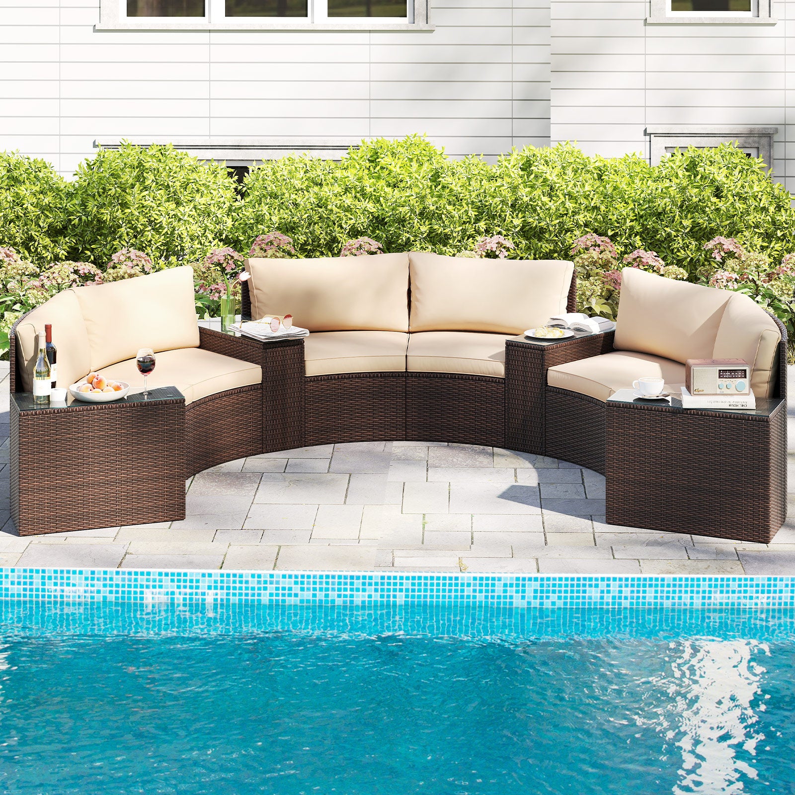 7 Pieces Patio Furniture Set PE Rattan Half-Moon Curved Sofas with Side Tables-brown, Brown Patio Furniture Sets at Gallery Canada