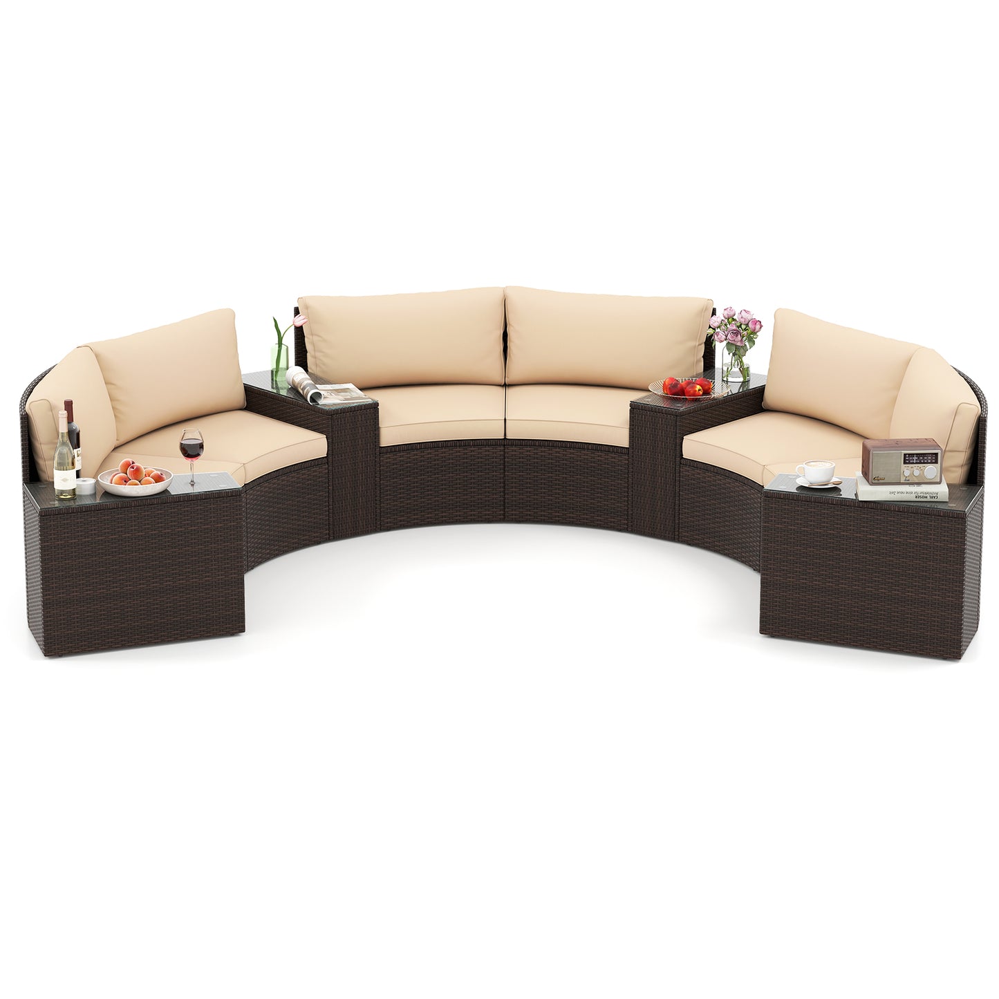 7 Pieces Patio Furniture Set PE Rattan Half-Moon Curved Sofas with Side Tables-brown, Brown Patio Furniture Sets at Gallery Canada