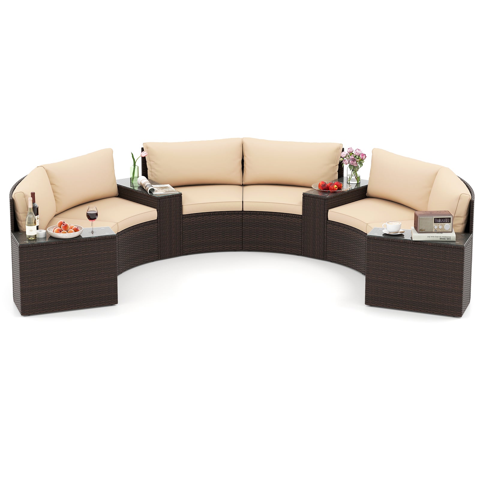 7 Pieces Patio Furniture Set PE Rattan Half-Moon Curved Sofas with Side Tables-brown, Brown Patio Furniture Sets at Gallery Canada