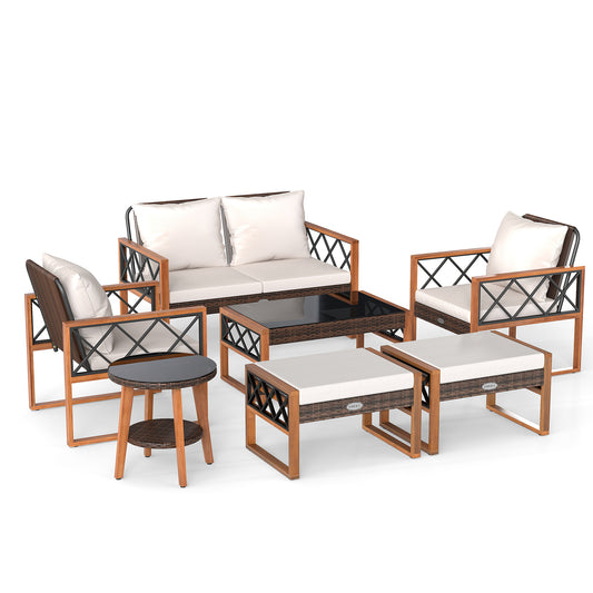 7 Pieces Patio Furniture Set PE Wicker Acacia Wood Outdoor Conversation Set Patio Conversation Sets Options at Gallery Canada