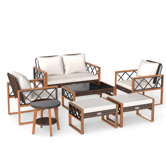 7 Piece Patio Furniture Set, PE Wicker Acacia Wood, Outdoor Conversation Set