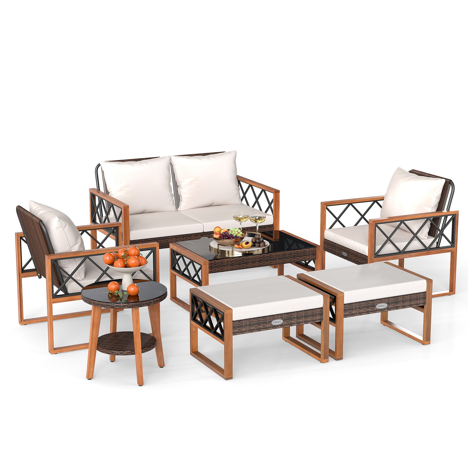 7 Pieces Patio Furniture Set PE Wicker Acacia Wood Outdoor Conversation Set Patio Conversation Sets at Gallery Canada