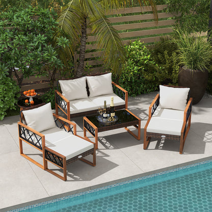 7 Pieces Patio Furniture Set PE Wicker Acacia Wood Outdoor Conversation Set Patio Conversation Sets at Gallery Canada