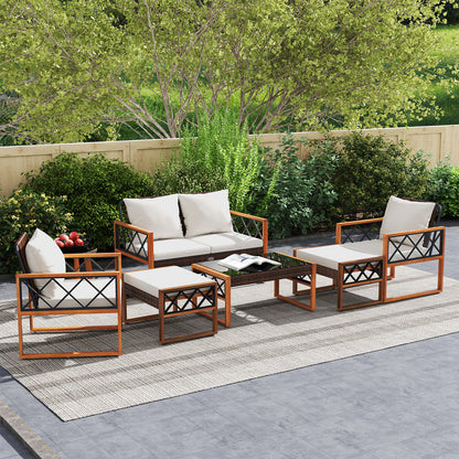 7 Pieces Patio Furniture Set PE Wicker Acacia Wood Outdoor Conversation Set Patio Conversation Sets at Gallery Canada