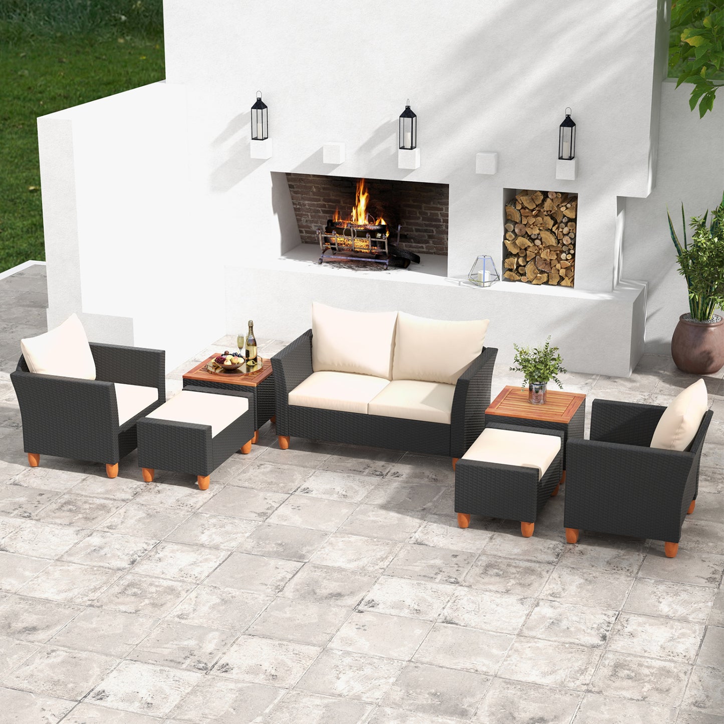 7-Piece Patio Furniture PE Rattan Sectional Sofa Set, White Patio Conversation Sets at Gallery Canada