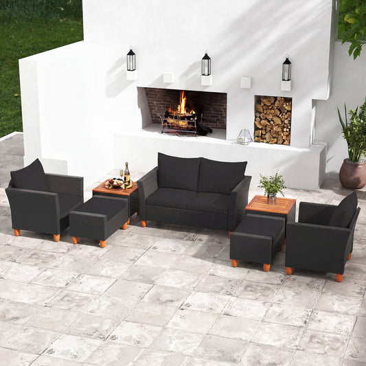 7 Pieces Patio Furniture PE Rattan Sectional Sofa Set with Armchairs and Table, Black