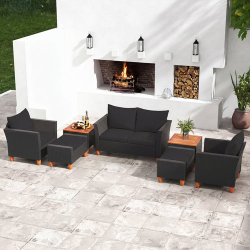 7 Pieces Patio Furniture PE Rattan Sectional Sofa Set with Armchairs and Table, Black
