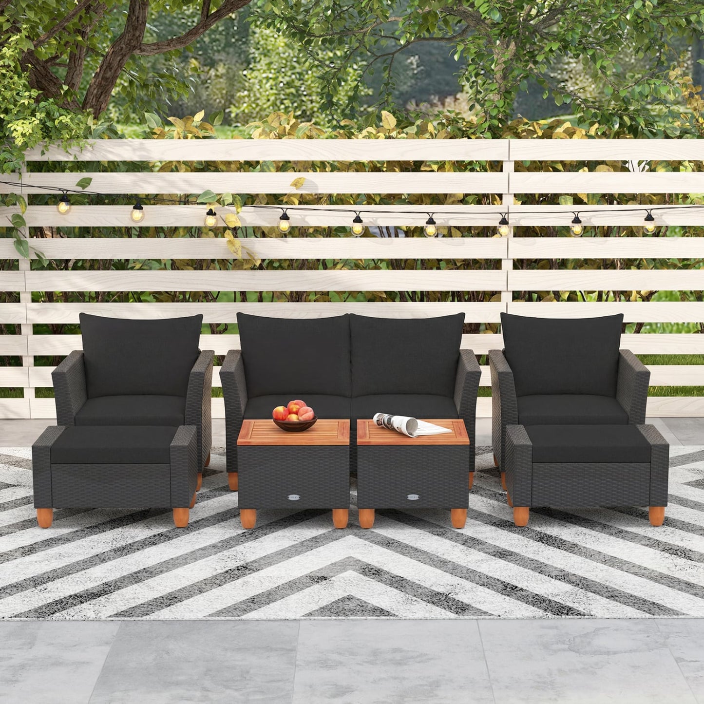 7 Pieces Patio Furniture PE Rattan Sectional Sofa Set with Armchairs and Table, Black