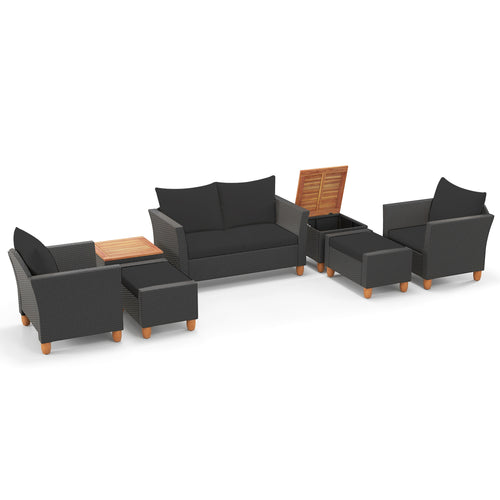 7 Pieces Patio Furniture PE Rattan Sectional Sofa Set with Armchairs and Table, Black