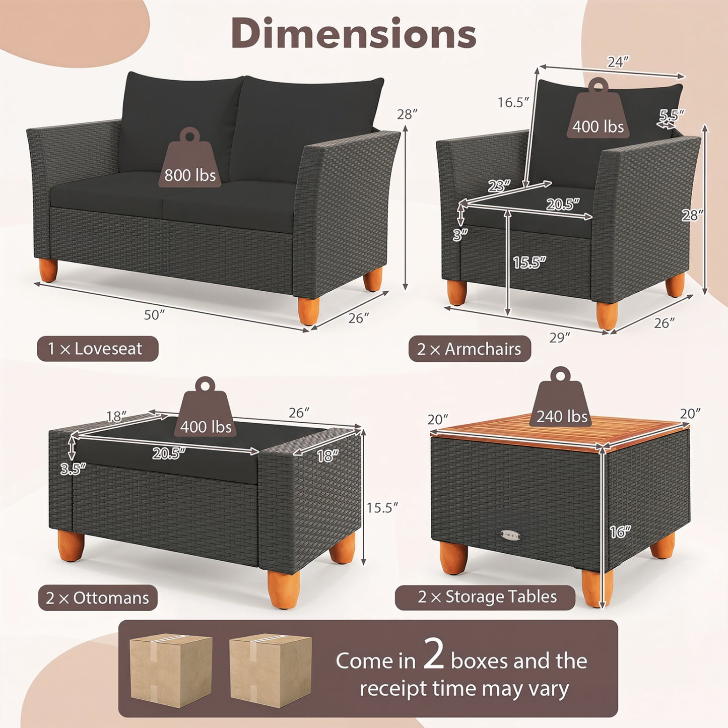 7 Pieces Patio Furniture PE Rattan Sectional Sofa Set with Armchairs and Table, Black