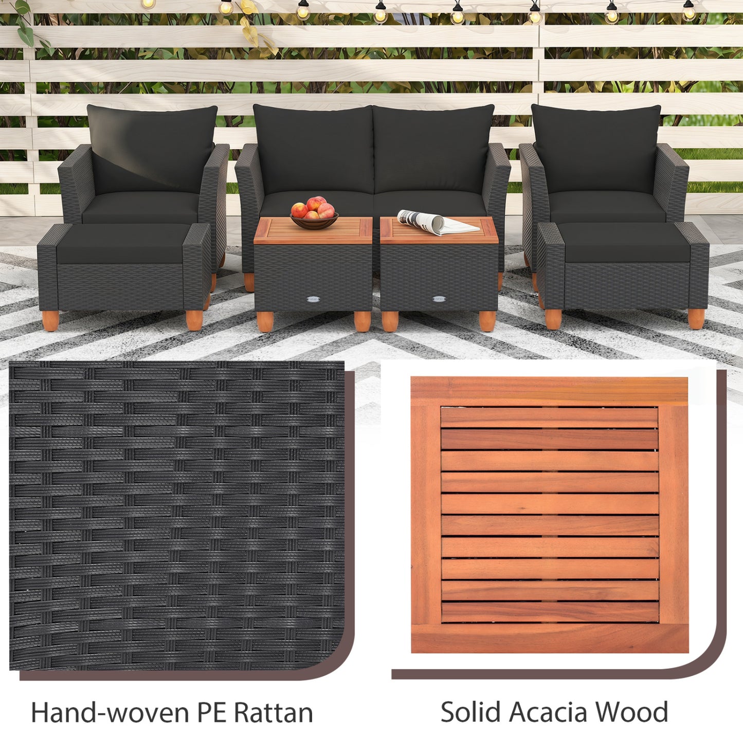 7 Pieces Patio Furniture PE Rattan Sectional Sofa Set with Armchairs and Table, Black