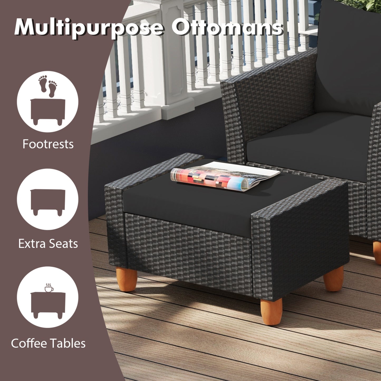 7 Pieces Patio Furniture PE Rattan Sectional Sofa Set with Armchairs and Table, Black