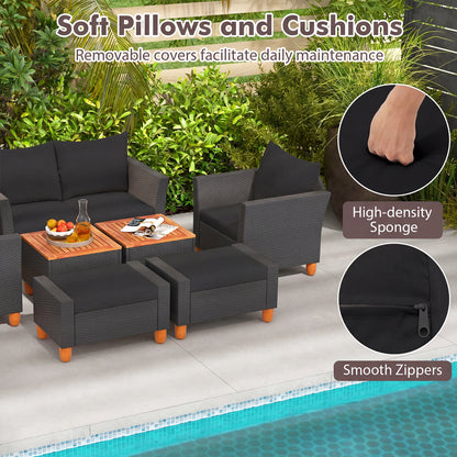 7 Pieces Patio Furniture PE Rattan Sectional Sofa Set with Armchairs and Table, Black
