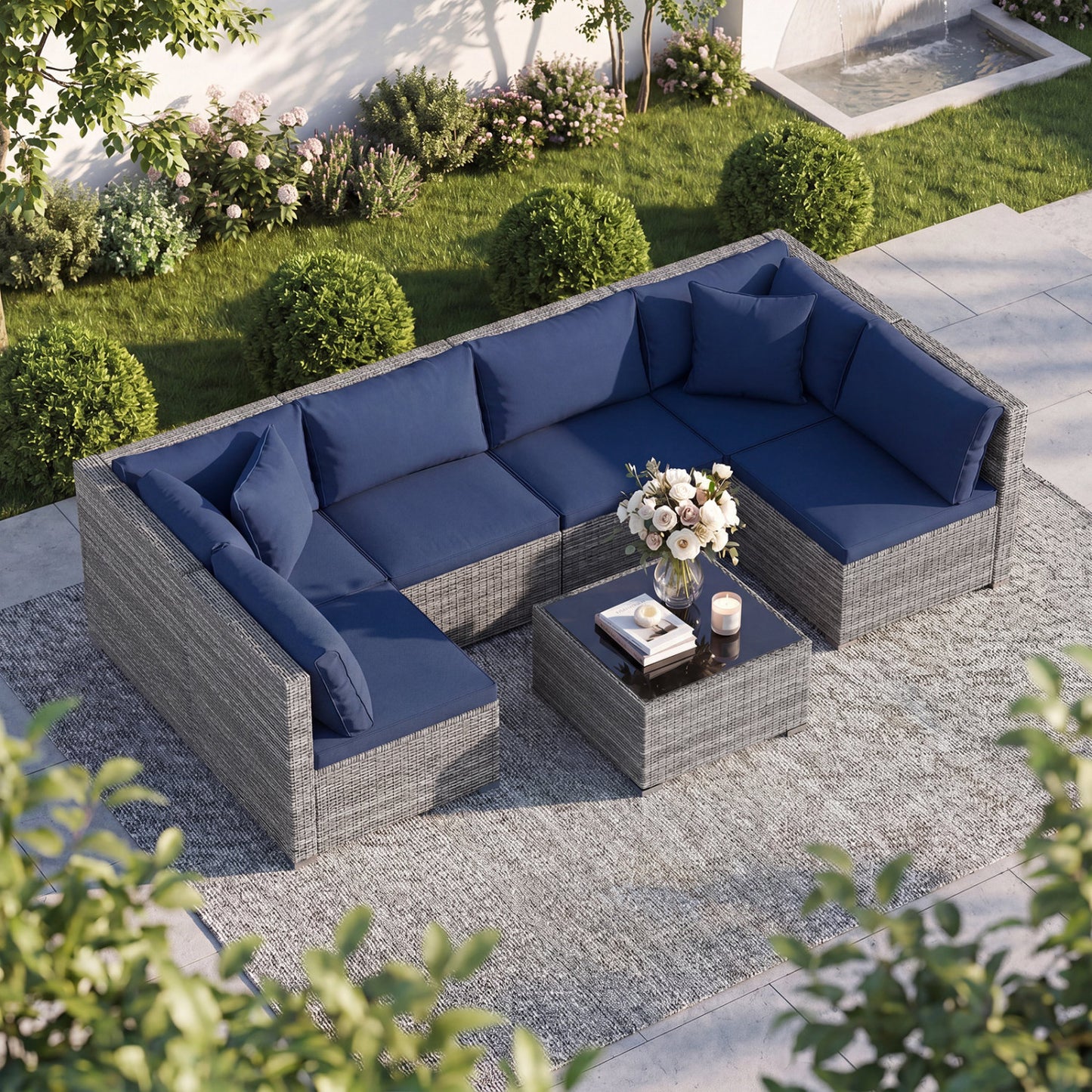 7 Piece PE Rattan Patio Set with Coffee Table, Navy
