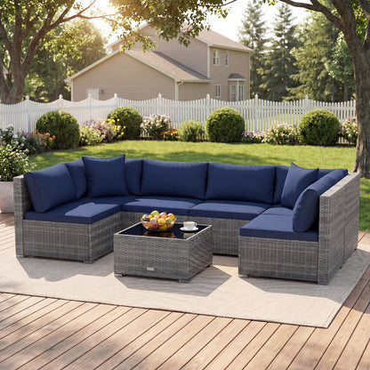 7 Piece PE Rattan Patio Set with Coffee Table, Navy