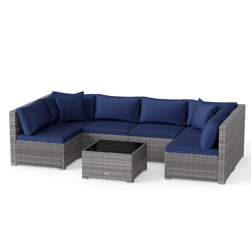 7 Piece PE Rattan Patio Set with Coffee Table, Navy